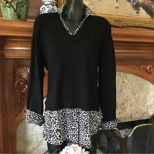 Acrobat Black Cashmere Sweater with Contrast Silk Cheetah Print L